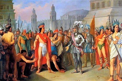 Representación del encuentro de Hernan Cortes con Moctezuma