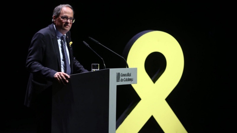 El president catalan, Quim Torra, pronuncia su discurso en Barcelona, ​​Espana, el martes 4 de septiembre de 2018.